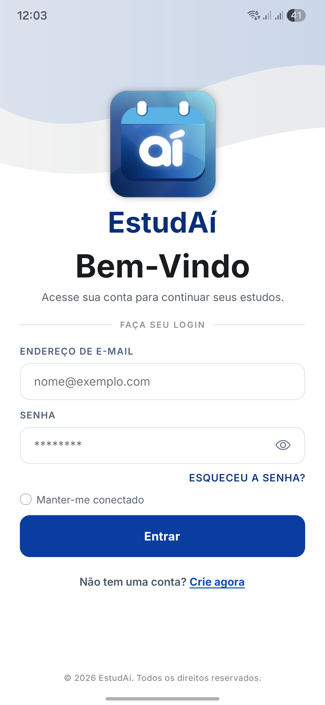 Tela de acesso atualizada do aplicativo EstudAí