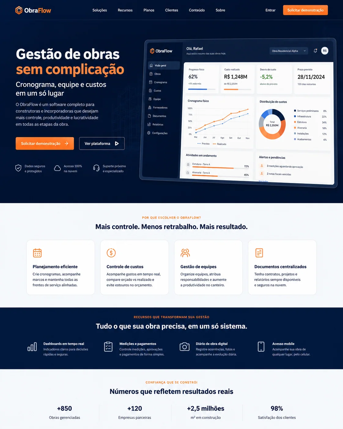 Interface do sistema de gestão de obras ObraFlow